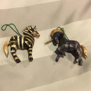Lacquered straw zebra and unicorn
